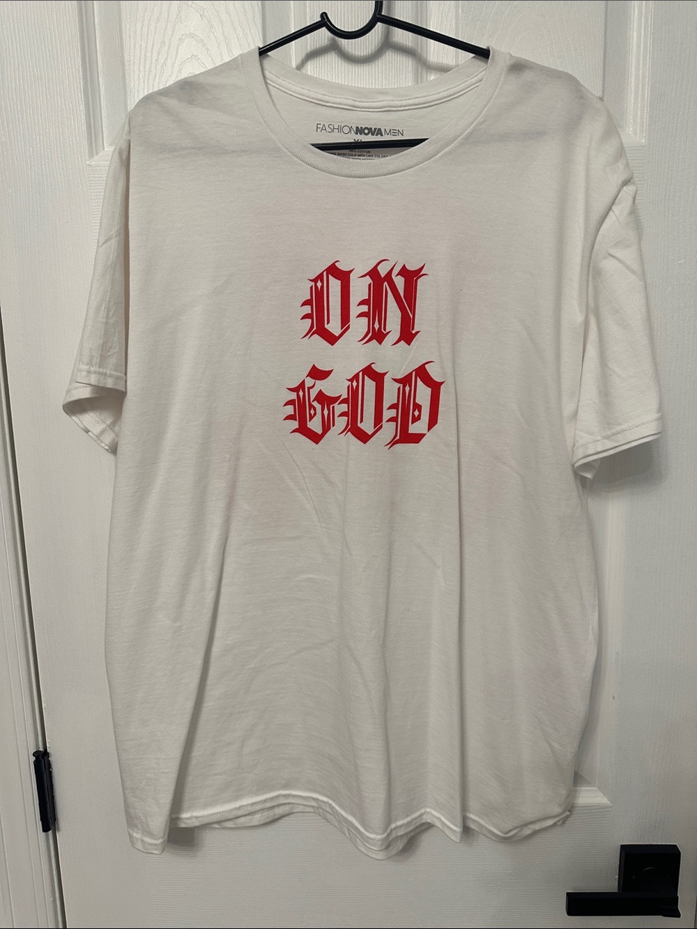 Fashion Nova White Short-Sleeve Tee with Red 'ON GOD' Gothic Print